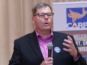 Sudbury Liberal candidate David Farrow makes a point at an all-candidates meeting hosted by the local chapter of the Canadian Association of Retired Persons (CARP) in Sudbury, Ont. on Wednesday May 18, 2022. John Lappa/Sudbury Star/Postmedia Network