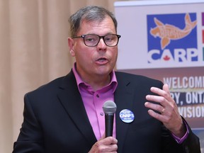 Sudbury Liberal candidate David Farrow makes a point at an all-candidates meeting hosted by the local chapter of the Canadian Association of Retired Persons (CARP) in Sudbury, Ont. on Wednesday May 18, 2022. John Lappa/Sudbury Star/Postmedia Network