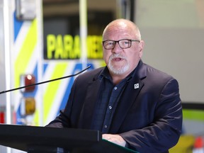 Greater Sudbury Mayor Brian Bigger makes a point at a ceremony to mark national Paramedic Week at the Lionel E. Lalonde Centre in Azilda, Ont. on Tuesday May 24, 2022. John Lappa/Sudbury Star/Postmedia Network