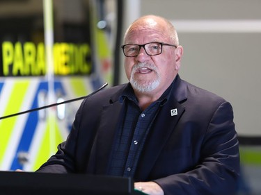 Greater Sudbury Mayor Brian Bigger makes a point at a ceremony to mark national Paramedic Week at the Lionel E. Lalonde Centre in Azilda, Ont. on Tuesday May 24, 2022. John Lappa/Sudbury Star/Postmedia Network
