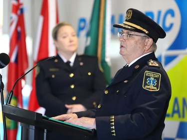 Joseph Nicholls, general manager of Community Safety for Greater Sudbury, makes a point at a ceremony to mark national Paramedic Week at the Lionel E. Lalonde Centre in Azilda, Ont. on Tuesday May 24, 2022. John Lappa/Sudbury Star/Postmedia Network