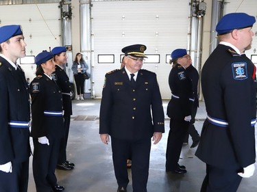Joseph Nicholls, general manager of Community Safety for Greater Sudbury, inspects a paramedic honour guard at a ceremony marking national Paramedic Week at the Lionel E. Lalonde Centre in Azilda, Ont. on Tuesday May 24, 2022. John Lappa/Sudbury Star/Postmedia Network