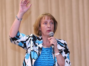 Nickel Belt NDP candidate France Gelinas makes a point at an all-candidates meeting hosted by the local chapter of the Canadian Association of Retired Persons (CARP) in Sudbury, Ont. on Wednesday May 18, 2022. John Lappa/Sudbury Star/Postmedia Network