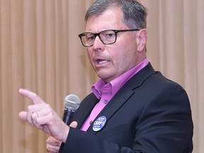 Sudbury Liberal candidate David Farrow makes a point at an all-candidates meeting hosted by the local chapter of the Canadian Association of Retired Persons on May 18.