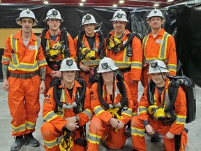 The Lake Shore Gold Bell Creek/Timmins West Mine team won the Timmins District Mine Rescue Champions following the district competition held May 2 to 6. They will now compete at the provincials being held at Creighton Mine in Sudbury June 6 to 10. The winning team, back row from left, are Adam Weagle (Bell Creek), Brandon Duhan, Frank Moller, Serge Roy and Edmond Laverdure (all from Bell Creek). Front row from left, are Richard Martin (Bell Creek), Natalie Lafontaine (Bell Creek) and Shane Sullivan (Timmins West).

Supplied
