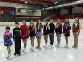 Members of the Timmins Porcupine Figure Skating Club earned recognition at a number of events from February to April. Among the skaters earning recognition were, from left: Isabella Bai, Loic Plourde, Chantal Kukulka, Luciana Fortin, Charlotte Nichols, Sky Lepage, Nicole Kukulka, Cheyenne Crowell, Kaitlyn Skinner and Carine Plourde. SUBMITTED PHOTO