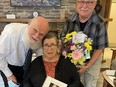Raymond Tremblay, left at the book launch for "Born to be Alive-Né pour être en vie," with Noëlla and Theo Tremblay (no relation), friends of Fernand Tremblay, to whom the book is dedicated. Fernand was cared for at Timmins Extendicare for 2½ years, and the book is also written in appreciation of the staff.

NICOLE STOFFMAN/The Daily Press