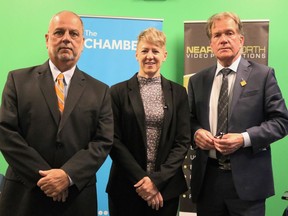 NDP incumbent Gilles Bisson, moderator Cheryl St. Amour, and Ontario PC Party candidate George Pirie gather for a photo prior to the start of a Meet The Candidatesl debate hosted by the Timmins Chamber at the Timmins Museum on Tuesday.

ANDREW AUTIO/The Daily Press