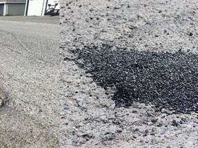 Potholes, like this one on Legion Drive, left photo, are the bane of Timmins motorists every spring. Meanwhile, the city says it has crews out every day patching holes including  the one seen in the right photo taken this week in the city's East End.

ANDREW AUTIO/The Daily Press