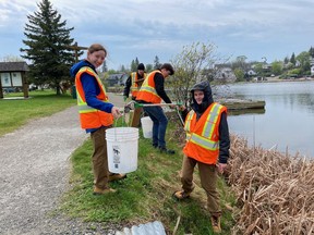Peri Bozzer, from left, Caleb Wiseman, Zach Fleming and Melissa Sharp were cleaning up around Gillies Lake Friday afternoon. They told The Daily Press they had already collected more than 10 truckloads of garbage from Mattagami Region Conservation Area parks since they started their summer jobs working as part of the outdoor maintenance crew for MRCA.

NICOLE STOFFMAN/The Daily Press