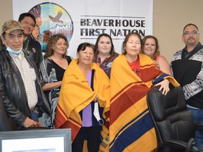 Past and present leaders came together to celebrate the official recognition of Beaverhouse First Nation on May 21. Pictured from left are Elder Tom Wabie, Grand Chief Derek Fox, Nishnawbe-Aski Nation (NAN); Coun. Diane Meaniss, Past Chief Gloria McKenzie, Coun. Brianna Moore, Past Chief Sally Susan Mathias Martel (Marcia Brown-Martel), Coun. Kayla Batisse and Chief Wayne Wabie.  

Supplied/Xavier Kataquapit