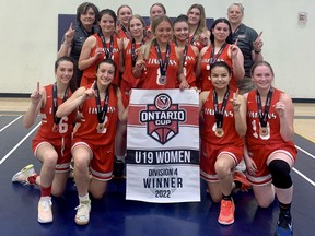 The Timmins Selects under-19 girls basketball team recently won gold at the Ontario Cup played at Queen's University in Kingston to cap off a successful, albeit unorthodox season. Front row from left: Alexis Vogl, Taiya Barrette, Tatum McComb, Alyssa Desilets
Middle Row: Rylee Gauthier, Alexia Dumoulin, Taryn Gauthier, Calee Hunterv and Tianna Kingsbury. Back row from left: Josée Bélanger (coach), Kayleigh Bierman, Dominique Bouchard, Lexy Toby, Tanneke Bierman (coach). Missing from the picture: Hailey Pizalle.

Supplied
