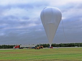 A NIMBUS-2 balloon is seen being launched from the Timmins Stratospheric Balloon Base at Timmins' Victor M. Power Airport in this Daily Press Press file photo.  City Council has agreed to award a contract to CGV Builders Inc. of Cochrane to construct an additional payload integration hall and add an elevator to the existing Stratospheric Balloon Base infrastructure of Timmins.  Daily press archive photo