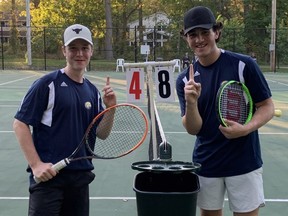 Bjorn Schenk, left, and Gordon Bradley of the Chatham-Kent Golden Hawks are the 2021-22 LKSSAA and SWOSSAA boys' doubles tennis champions in the high school division. (Contributed Photo)