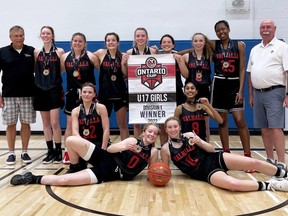 The Sarnia Valhalla under-17 girls’ team won Division 1 gold at the Ontario Cup basketball championship in Kingston, Ont., on Sunday, May 15, 2022. Team members are, front row, left: Adelaide Collin and Pacie Babcock. Middle row: Lillian Bernard and Sienna Rawanna. Back row: assistant coach Fred Sheane, Emily Mackie, Katie MacGregor, Maeve Moore, Kayleigh Rawson, Hannah Dempsey, Zoe Milner, Jodi-Rachel Pierre and coach John Thrasher. Missing is assistant coach Mark Woodhouse. (Contributed Photo)