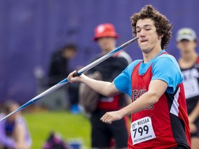 Jaxson Halward of Woodstock Collegiate placed 10th in the senior boys' javelin during the first day of the Western Ontario Secondary School Athletic Association track and field meet at Alumni Stadium at Western University.  
Mike Hensen/The London Free Press/Postmedia Network