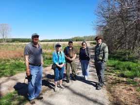 The crew who went on the first guided birding hike of the day, guided by Chris Leys of the West Elgin Nature Club (right). Victoria Acres
