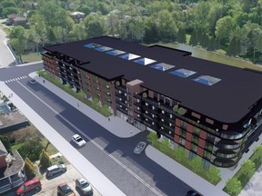A screenshot of a proposed five-storey 160-unit residential development near the inner harbour in Meaford included in a slide deck by Advancecorp Developments as part of a meeting agenda package released in advance of Monday's public meeting at Meaford Hall to discuss official plan and zoning amendments.