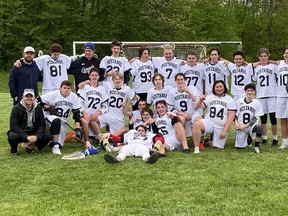 The St. Mary's Mustangs varsity boys field lacrosse team won the CWOSSA A/AA lacrosse championship this season for the first time in the school's history. The Mustangs will host the OFSAA championship at the Kiwanis Soccer Complex in Owen Sound May 30 to 31. Photo supplied

Top row from left to right: Adam Jones (coach), Chance Fortier, Joseph Weiler, Bryce Martin, Hunter Bryan, Tanner Hamill, Tyson Morrison, Brett Warrilow, Owen Prior, Taelum Wilkie, Jordan Cochrane, Darryl Ward (assistant coach).

Bottom row from left to right: Matt Kussmann (assistant coach), Noah Hemstock, Ryken Arnold, Ronan Helder, (three players laying down, front to back: Curtis Arnold, Aidan Nicholson, Carter Moran) Nathan Ryan, Cohen Garvie (behind Nate), Noah Lundgren, Kashias Keeshig, Jacob Lundgren