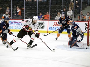 Colby Barlow opens the scoring in the first period with this backhand shot to beat Luke Cavallin as the Flint Firebirds host the Owen Sound Attack inside the Dort Financial Centre in Game 7 of their best-of-seven Western Conference quarterfinal series on Wednesday, May 4, 2022. Greg Cowan/The Sun Times