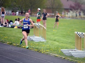 Brooklyn Quanz breezes to a win in the senior girls 3000-metre race running a time of 10:54.96, nearly two minutes quicker than the runner up at the Bluewater Athletic Association's track and field championships on May 12, 2022. The track and field meet returned to Kincardine's Davidson Centre after being cancelled in 2020 and 2021 because of the COVID-19 pandemic. Greg Cowan/The Sun Times