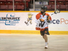 Carter Moran surveys the floor in the second period as the Owen Sound North Stars host the Guelph Regals in Ontario Junior B Lacrosse League action Thursday, May 19, 2022, at the Harry Lumley Bayshore Community Centre in Owen Sound. Greg Cowan/The Sun Times