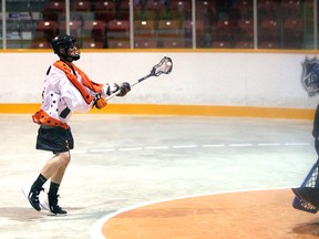 Carter Moran scores while shorthanded in the second period as the Owen Sound North Stars host the London Blue Devils in the N'Stars Ontario Junior B Lacrosse League home opener Friday, May 13, 2022, inside the Harry Lumley Bayshore Community Centre. Greg Cowan/The Sun Times