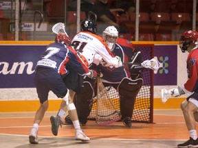 N'Stars forward Tyson Morrison drives the net on a power play but is stopped by goaltender Mateo Beaudin in the second period as the Owen Sound North Stars host the Guelph Regals in Ontario Junior B Lacrosse League action Thursday, May 19, 2022, at the Harry Lumley Bayshore Community Centre in Owen Sound. Greg Cowan/The Sun Times