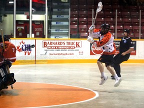 Brayden Krueger tries to cross up Rebels goaltender Mitten Imani on a breakaway attempt in the second period as the Owen Sound North Stars host Six Nations in Ontario Junior B Lacrosse League action Sunday, May 22, 2022, inside the Harry Lumley Bayshore Community Centre in Owen Sound. Greg Cowan/The Sun Times