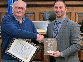 Wetaskiwin Mayor Tyler Gandam (right) presents John Maude with the City's Citizen of the Month Award for April 2022.
City of Wetaskiwin