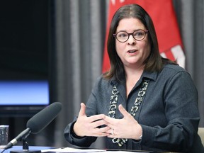 Premier Heather Stefanson speaks during a press conference on the return to school, at the Manitoba Legislative Building in Winnipeg, on Tuesday, Jan. 4, 2022.