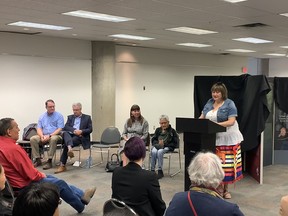 The opening remarks prior to the unveiling of the exhibit was focused on the importance of truth-telling in reconcilation, and learning of Canada's difficult history in its relationship with Indigenous peoples.