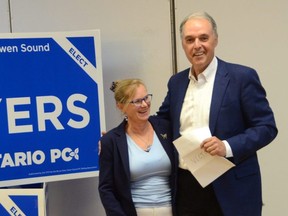 Bruce-Grey-Owen Sound Progressive Conservative candidate Rick Byers gives his victory speech along with his wife Margot at the Quality Inn in Owen Sound on Thursday, June 2, 2022.