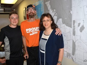 Bruce-Grey-Owen Sound NDP candidate Karen Gventer at the party's headquarters in downtown Owen Sound waiting for results on Thursday, June 2, 2022, along with her son Nicholas, 14 and husband Richard Major.