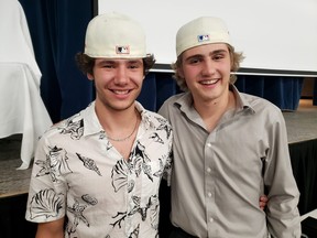 Aidan Carlson, left, and Jude Caruso of the Chill Norsemen volleyball team pose for a photo during the Chill Evening of Excellence year-end banquet at the Caruso Club in Sudbury, Ontario on Friday, May 27, 2022.