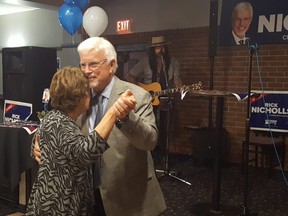 Rick Nicholls dances with his wife, Dianne, at T-Bones Grill House in Chatham on Thursday night, after finishing third for the Ontario Party in Chatham-Kent-Leamington in the provincial election. (Trevor Terfloth/The Daily News)