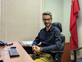 Perth-Wellington's new MPP-elect Matthew Rae sits at his desk in his Stratford constituency office, the same office he worked in for his predecessor, Randy Pettapiece.  (Galen Simmons/The Beacon Herald)