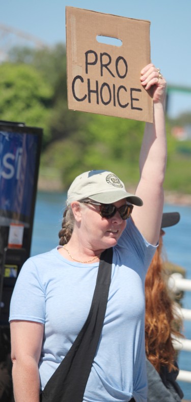 Laurie Bloomfield participates in a demonstration in support of aborition rights on the boardwalk  in Sault Ste. Marie, Ont.,on June 4, 2022. (BRIAN KELLY/THE SAULT STAR/POSTMEDIA NETWORK)