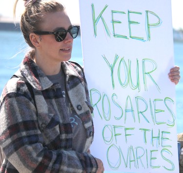 Kylan Hawke participates in a demonstration in support of aborition rights in the United States on the boardwalk  in Sault Ste. Marie, Ont.,on June 4, 2022. (BRIAN KELLY/THE SAULT STAR/POSTMEDIA NETWORK)