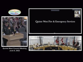Quinte West Fire Chief John Whalen addresses Quinte West city council as he begins to play a video displaying the heroism demonstrated daily by members of the Quinte West Fire and Emergency service.