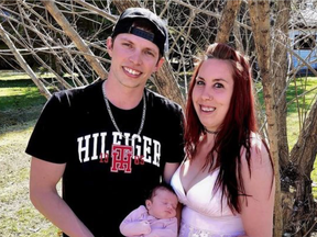Cameron Stone is pictured with his wife and baby girl. The 26-year-old dad suffered serious injuries in a workplace-related fall on Monday outside the Flour Mill silos. GoFundMe photo