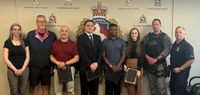Several Chatham-Kent police officers along with an emergency communications manager and psychiatric assessment nurse received a Deputy Chief's Letter of Recognition on Wednesday for their efforts over the years to assist a Chatham man who suffered with mental illness.  (Screen grab from Twitter)