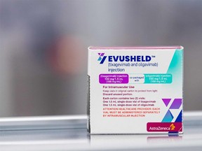 Evusheld is a drug for antibody therapy developed by pharmaceutical company AstraZeneca for the prevention of COVID-19 in immunocompromised patients. Photo by Jonathan Nackstrand / AFP.