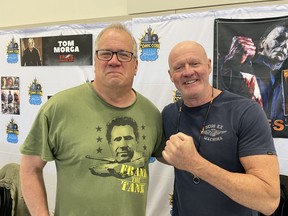 Nugget reporter Greg Estabrooks, left, got a good look at the man behind the mask when he met James Jude Courtney, one of the actors who has played Michael Myers in the Halloween horror film franchise, at this year's Niagara Falls Comic Con.