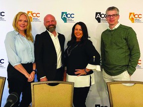 From left: Leduc Chamber of Commerce Executive Director Jennifer Garries, President Brett Powlesland, Vice President Tanis Techer, and
Business Support + Government Relations person Richard Horncastle accept the Alberta Chamber of Commerce's award for 2021 Chamber of the Year, 500+ member category, in May. (supplied)