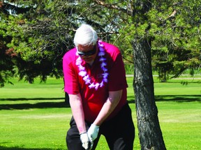 Leduc City Councillor Glen Finstad gets set to tee off at the 29th annual Leduc Community Hospital Foundation Golf Tournament, June 3. (Dillon Giancola)