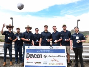 Celebrating their win at the international Over the Dusty Moon Challenge are Laurentian Lunars (from left) Adam Farrow, Goran Hinic, Ethan Murphy, Kyle Wulle, Christian (Quade) Howald, Reid Ludgate, Kevan Sullivan and Alexander Mackenzie.