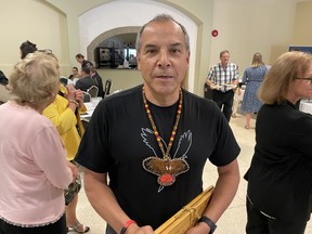 George Couchie talks about the vandalism that broke a pole and left a large slash in a tepee at a Sturgeon Falls school recently. Greg Estabrooks/The Nugget