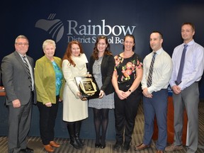 Sudbury Secondary teacher Crystal Gibbs, centre, was one of two recipients of the William N. Roman Teacher Of The Year Award honoured recently by the Rainbow District School Board. Gibbs is program leader of numeracy at the high school, which was recognized in 2020 by the Education Quality and Accountability Office for its student success in mathematics. This photo dates to that time.