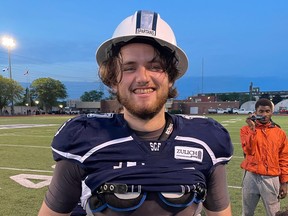 Quarterback Adam Rocha earned the Sudbury Spartans’ hard hat as the game’s hardest-working player after completing 10 of 14 passes and totalling 184 yards in a 41-20 win over the Toronto Phantom Raiders on Saturday.